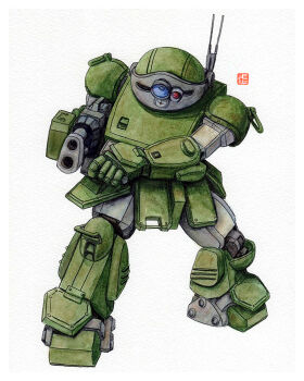 Rule 34 | armored trooper, full body, gun, holding, holding gun, holding weapon, looking down, mecha, no humans, radio antenna, robot, science fiction, scopedog, solo, soukou kihei votoms, traditional media, weapon, y takeshinu wan