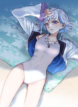 1girl alternate_costume arm_up beach_towel blue_hair blue_jacket blush breasts casual_one-piece_swimsuit collarbone collared_jacket colored_inner_hair commentary_request covered_navel cowboy_shot eyelashes frilled_sleeves frills from_above gluteal_fold hair_behind_ear highres jacket lips lize_helesta looking_at_viewer looking_up lying medium_hair multicolored_hair nijisanji on_back one-piece_swimsuit open_clothes open_jacket parted_lips purple_eyes sleeves_past_wrists small_breasts solo streaked_hair swimsuit takanashi_ringo towel two-sided_fabric two-sided_jacket two-tone_hair virtual_youtuber white_hair white_jacket white_one-piece_swimsuit
