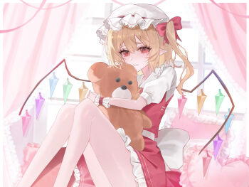 1girl :t absurdres bow closed_mouth crystal_wings curtains flandre_scarlet frilled_cuffs frilled_hat frilled_skirt frills hair_between_eyes hat heart heart-shaped_pillow highres holding holding_stuffed_toy hugging_object knees_up medium_hair mob_cap one_side_up pillow pointy_ears puffy_short_sleeves puffy_sleeves red_bow red_eyes red_skirt red_vest shirt short_sleeves sitting skirt smile solo stuffed_animal stuffed_toy teddy_bear tomura_amane touhou vest white_hat white_shirt window wings wrist_cuffs