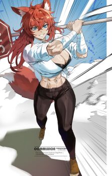 1girl abs absurdres ahoge animal_ear_fluff animal_ears artist_name bandage_on_cheek bandaged_arm bandages black_bra black_pants blue_eyes bra breasts cleavage collared_shirt commentary commission crop_top crossed_bangs english_commentary fox_ears fox_girl fox_tail full_body grin hair_between_eyes highres holding holding_sign kiera_(hhhemeleon) large_breasts long_hair midriff muscular muscular_female navel original pants park_ongjol red_hair road_sign shirt sign sleeves_rolled_up smile solo stop_sign tail tied_shirt underwear white_shirt