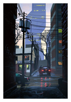 alley building car city city_lights cloud cloudy_sky commentary english_commentary highres motor_vehicle original outdoors painterly power_lines raphael-lacoste red_light road scenery sky street tower tree utility_pole wet window