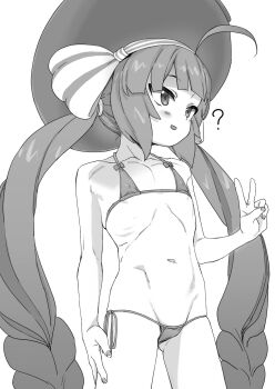 1girl ? alternate_costume arm_at_side bikini blush commentary_request covered_erect_nipples cowboy_shot flat_chest greyscale hand_on_own_thigh hand_up hat highres hip_bones loli long_hair looking_ahead micro_bikini monochrome mukago_(mukagomumumu) open_mouth otomachi_una ribs simple_background skinny smile solo standing swimsuit twintails v very_long_hair vocaloid