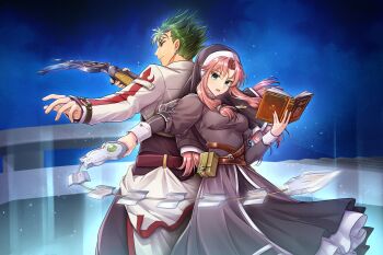 Rule 34 | 1boy, 1girl, belt pouch, bow (weapon), casting spell, coat, colored bangs, commentary, crossbow, eiyuu densetsu, english commentary, green hair, highres, holding, holding crossbow, holding weapon, kai no kiseki, kevin graham, kuro no kiseki (series), nun, nun headdress, open mouth, pouch, ries argent, simple background, sora no kiseki, spiked hair, traditional nun, veil, weapon, whip sword, white coat