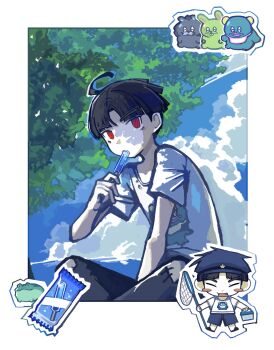 1boy ahoge animal black_hair blue_hat blue_sky blush_stickers bug_cage butterfly_net closed_eyes cloud day eating food frog hand_net hashtag-only_commentary hat highres holding linglvz male_focus maruko_gaku multiple_views outdoors patchwork_clothes popsicle red_eyes shirt short_sleeves shorts sky t-shirt the_hundred_line_-last_defense_academy- white_shirt