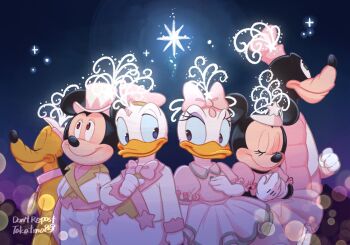 2girls 4boys alternate_costume animal_ears daisy_duck disney dog donald_duck duck_boy duck_girl goofy hat looking_at_viewer mickey_mouse mickey_mouse_&amp;_friends minnie_mouse mouse_ears multiple_boys multiple_girls night pink_shirt pluto_(disney) shirt smile takatmaorange