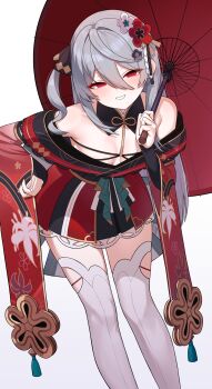 1girl absurdres bare_shoulders bebetang blush breasts cleavage commentary english_commentary flower grey_hair grin hair_between_eyes hair_flower hair_ornament highres holding holding_umbrella japanese_clothes kimono leaning_forward long_hair looking_at_viewer oil-paper_umbrella parasol red_eyes red_umbrella smile solo thighhighs umbrella wide_sleeves