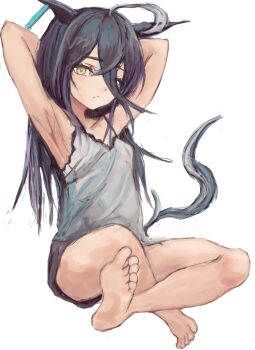 1girl ahoge animal_ears armpits arms_behind_back bare_shoulders barefoot black_hair black_shorts breasts camisole closed_mouth collarbone ear_tag earrings hair_between_eyes horse_ears horse_girl horse_tail jewelry long_bangs long_hair long_hair_between_eyes looking_at_viewer manhattan_cafe_(umamusume) multicolored_hair shorts simple_background single_earring small_breasts solo tail umamusume white_background white_camisole white_hair yanagi_wakana yellow_eyes