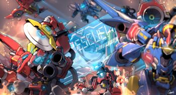absurdres aircraft airplane arm_cannon circular_saw cosmo-5 duel_monster fire firefighter flying glowing highres holographic_interface ladder launching mecha rescue-ace_air_lifter rescue-ace_fire_attacker rescue-ace_fire_engine rescue-ace_hydrant rescue-ace_impulse rescue-ace_preventer rescue-ace_turbulence robot saw signature weapon yu-gi-oh!
