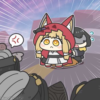 Rule 34 | 2girls, :<, anger vein, animal ears, arknights, arknights: endfield, black hair, blindfold mask, blonde hair, cape, chibi, chibi only, closed mouth, commentary request, dress, ears through headwear, endministrator (arknights), female endministrator (arknights), flying sweatdrops, highres, hood, hood up, hooded cape, korean commentary, mask, multiple girls, red cape, rossi (arknights), short hair, speech bubble, spoken anger vein, tail, underdatv, white dress, wolf ears, wolf girl, wolf tail, yellow eyes