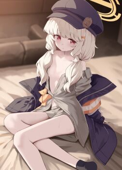 1girl aoba_(blue_archive) black_hat black_jacket blue_archive blurry blurry_background blush breasts closed_mouth grey_shirt halo hat highres indoors jacket loli long_hair looking_at_viewer low_twintails red_eyes shirt sitting small_breasts solo takashima_shoa thighs twintails yellow_halo