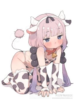 1girl all_fours animal_ears animal_print bell bikini blue_eyes blush collar cow_ears cow_horns cow_print cow_print_bikini cow_print_thighhighs fake_animal_ears fake_horns feet female_focus hair_ornament hairband highres horns kanna_kamui kobayashi-san_chi_no_maidragon legs loli neck_bell possummachine print_bikini print_thighhighs solo swimsuit tail thighhighs thighs twintails