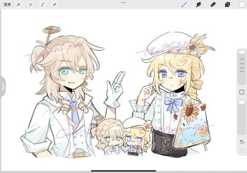 2boys androgynous aqua_eyes art_program_in_frame beret black_corset blonde_hair blue_bow blue_bowtie blue_capelet blue_eyes blue_necktie bow bowtie brooch capelet chibi corset drill_hair drill_ponytail edgar_valden edgar_valden_(golden_ratio) fang frilled_shirt frills gem gloves goggles goggles_around_neck gold_trim gradient_capelet half_capelet half_updo hat highres identity_v jacket jewelry kusa_12138 looking_at_viewer luca_balsa luca_balsa_(paranormal_detective) male_focus medium_hair multiple_boys necktie official_alternate_costume ponytail red_gemstone shirt sidelocks vest white_gloves white_jacket white_shirt white_vest yaoi