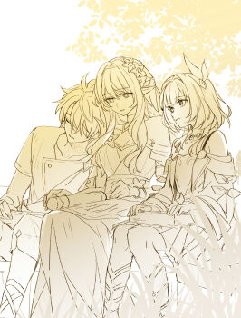 2girls ancient_greek_clothes bare_shoulders breasts coat cross-shaped_pupils cyrene_(aedes_elysiae)_(honkai:_star_rail) cyrene_(honkai:_star_rail) dress greco-roman_clothes hair_ornament head_on_another&#039;s_shoulder head_wreath highres honkai:_star_rail honkai_(series) jewelry kk_(kkgame7733) large_breasts long_hair monochrome multiple_girls necklace phainon_(a_dream_scented_in_wheat)_(honkai:_star_rail) phainon_(honkai:_star_rail) pointy_ears shirt short_hair shorts sitting small_breasts symbol-shaped_pupils tribios_(honkai:_star_rail) very_long_hair