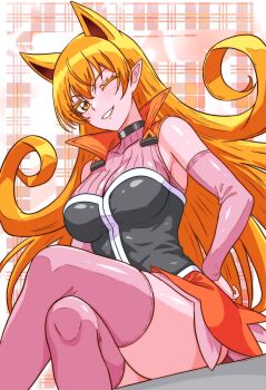 1girl azazel_ameri bare_shoulders blush breasts detached_sleeves eyelashes hair_horns highres large_breasts long_hair mairimashita!_iruma-kun manga_sakuga_(precure) one_eye_closed orange_eyes orange_hair pink_sleeves pink_thighhighs plaid_background pointy_ears sitting smile solo thighhighs thighs very_long_hair