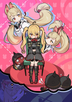 2girls absurdres ahoge alice_thymefield alternate_hairstyle animal_ears baseball_bat belt black_boots black_helmet black_jacket blonde_hair blush boar boots chair chest_bow colored_skin comb combat_helmet dreaming fingerless_gloves gloves hair_ornament half_gloves helmet heterochromia highres jacket long_hair looking_at_another luciana_de_montefio lucy&#039;s_crew_(zenless_zone_zero) mask mask_around_neck metal_baseball_bat micro_shorts multiple_girls open_mouth orange_eyes rabbit_ears rabbit_girl red_eyes red_skin shirt shorts sleeping sparkle sphere_hair_ornament spiked_boots spiked_jacket twintails unworn_belt wanwu_jie_quan white_shirt yellow_eyes zenless_zone_zero