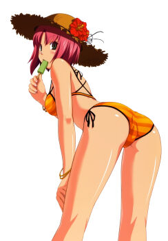 absurdres ass bent_over bikini bracelet flower food green_eyes hat highres jewelry koutaro looking_at_viewer pink_hair popsicle rio_rollins short_hair side-tie_bikini_bottom simple_background straw_hat striped_bikini striped_clothes super_blackjack swimsuit