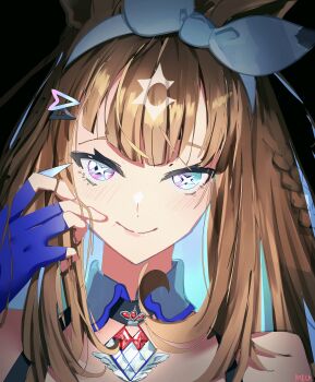 Rule 34 | + +, 1girl, absurdres, adriabie, almond eye (umamusume), animal ears, bare shoulders, blue eyes, blue gloves, blush, bow, bow hairband, braid, braided sidelocks, brown hair, closed mouth, colored inner hair, commentary request, fingerless gloves, gloves, hair between eyes, hair ornament, hairband, hairclip, highres, horse ears, horse girl, long hair, looking at viewer, multicolored hair, portrait, smile, solo, symbol-shaped pupils, umamusume, white hairband, x-shaped pupils