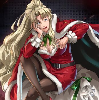 balalaika_(black_lagoon) belt_buckle black_background black_lagoon black_pantyhose blonde_hair blue_eyes breasts buckle cape christmas cigar cleavage commentary crossed_legs dress english_commentary holding holding_cigar large_breasts long_hair looking_to_the_side no_pants pantyhose red_cape red_dress scar scar_on_breasts scar_on_face sitting very_long_hair waist_belt