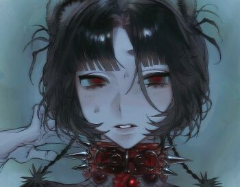 1girl blunt_bangs brown_hair collar green_background hair_intakes heart_(organ) heart_ornament highres looking_at_viewer lower_eyelashes_only middle_part original oxo_404 parted_lips portrait red_collar red_eyes short_hair solo spiked_collar spikes straight-on sweat