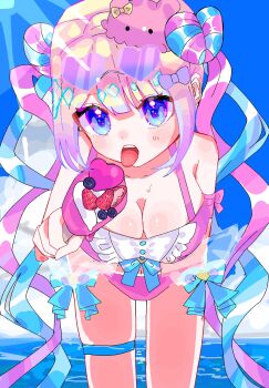 1girl :o arm_behind_back bent_over blonde_hair blue_eyes blue_hair blunt_bangs blush bow breasts chouzetsusaikawa_tenshi-chan cleavage cloud cloudy_sky colored_tips day eyewear_on_head food hair_bow heart heart-shaped_eyewear highres holding holding_food holding_ice_cream horizon ice_cream imminent_licking itomakirichan jewelry lens_flare looking_at_viewer multicolored_hair multiple_hair_bows needy_girl_overdose octopus_hair_ornament outdoors panties pink_hair pov quad_tails sidelocks sky solo swimsuit thighlet tongue tongue_out underwear