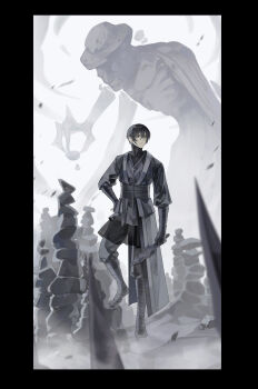 1boy 1other 7ceta :| absurdres baggy_clothes bandaged_arm bandaged_leg bandages black_border border cairn_(structure) closed_mouth commentary_request contrapposto dagger dirty dirty_face double-parted_bangs e.g.o_(project_moon) expressionless full_body giant hair_between_eyes hand_on_own_hip highres holding holding_dagger holding_knife holding_weapon knife korean_commentary limbus_company long_sleeves looking_to_the_side male_focus official_alternate_costume project_moon skirt solo waistband weapon wishing_cairn_(e.g.o) yi_sang_(project_moon)