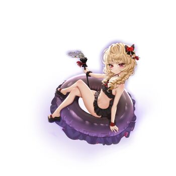 1girl absurdres bikini black_bikini blonde_hair blonde_ojousama_(sagix) blush cane commentary_request commission crossed_legs drill_hair flat_chest frilled_bikini frills full_body highres innertube kiari_art long_hair looking_at_viewer navel original pixiv_commission red_eyes simple_background smile solo swim_ring swimsuit white_background