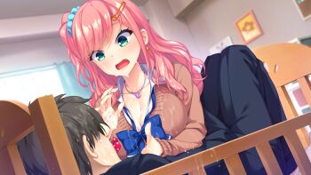 Rule 34 | 1girl, asahina chocolat, babumi! atashi ga uminaoshite yan yo!, blush, breasts, cleavage, cradle, eyebrows hidden by hair, game cg, green eyes, indoors, infantilism, large breasts, long hair, looking at another, lying, mameojitan, milk, open mouth, original, pink hair, school uniform, sexually suggestive, side ponytail, window