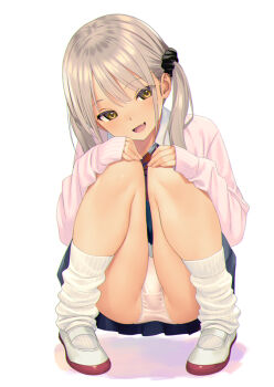 1girl :d ankle_socks baggy_clothes black_scrunchie blue_skirt blush brown_hair cardigan collar colored_shadow dot_nose fang full_body hair_ornament hair_scrunchie hands_on_own_knees head_tilt koutaro light_blush long_hair looking_at_viewer open_mouth original panties parted_bangs pink_cardigan pleated_skirt scrunchie shadow shoes sidelocks simple_background skirt sleeves_past_wrists smile socks solo squatting twintails underwear uwabaki white_background white_collar white_panties white_shoes yellow_eyes