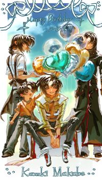 4boys apron balloon black_apron black_coat black_hair chair character_name child coat dated expressionless happy_birthday highres jacket light_smile looking_at_viewer makabe_kazuki male_focus multiple_boys multiple_persona ohn_(hiyu194) orange_shirt pants ponytail shirt short_hair short_ponytail sitting smile soukyuu_no_fafner standing time_paradox white_shirt