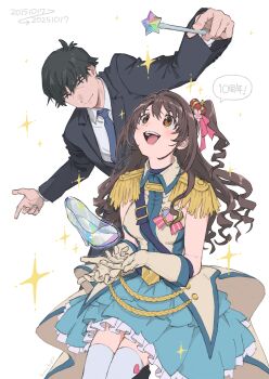 Rule 34 | 1boy, 1girl, absurdres, anniversary, belt, blue belt, blue dress, blue necktie, breasts, brown eyes, brown hair, closed mouth, crown, dress, elbow gloves, epaulettes, facing up, flower, formal clothes, frilled dress, frills, glass slipper, gloves, hair flower, hair ornament, hair ribbon, heart ornament, highres, holding, holding wand, idolmaster, idolmaster cinderella girls, idolmaster cinderella girls starlight stage, long hair, long sleeves, looking at another, looking at object, medium breasts, mini crown, nanonin, necktie, one side up, open mouth, overskirt, pink flower, pink ribbon, producer (idolmaster), producer (idolmaster cinderella girls anime), ribbon, shimamura uzuki, shine!! (idolmaster), shirt, shoulder belt, smile, sparkle, speech bubble, suit, teeth, thighhighs, upper teeth only, wand, white background, white gloves, white shirt, white thighhighs