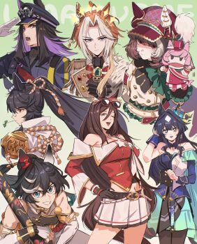 Rule 34 | 6+girls, ahoge, animal ears, ascot, asymmetrical clothes, asymmetrical jacket, bandaid, bandaid on face, bandaid on nose, bare shoulders, black ascot, black gloves, black hair, black jacket, black pantyhose, black shirt, blue eyes, blue hair, blush, bow, breasts, brown hair, calligraphy brush, cape, closed mouth, coat, commentary request, ear covers, ears through headwear, eyewear on head, fenomeno (black flames of the righteous spirit) (umamusume), fenomeno (umamusume), fingerless gloves, flipped hair, gem, gloves, green bow, green gem, hair between eyes, hair bun, hair ornament, hakushaku (hakus 1128), hand puppet, hat, highres, horse ears, horse girl, horse tail, horseshoe hat ornament, horseshoe ornament, jacket, jewelry, katsuragi ace (pen name: ink dragon) (umamusume), katsuragi ace (umamusume), long hair, long sleeves, looking at viewer, marche lorraine (racing) (umamusume), marche lorraine (umamusume), medium breasts, mismatched ear covers, mole, mole under eye, mouth hold, multicolored hair, multiple girls, narita brian (maverick) (umamusume), narita brian (umamusume), necklace, official alternate costume, official alternate hairstyle, one eye closed, open mouth, orange hair, orfevre (control) (umamusume), orfevre (umamusume), paintbrush, pantyhose, peaked cap, pleated skirt, ponytail, puppet, purple eyes, purple hair, rope, salute, seeking the pearl (rocket star) (umamusume), seeking the pearl (umamusume), shimenawa, shirt, short hair, single ear cover, skirt, smile, stalk in mouth, streaked hair, sunglasses, tail, teeth, two-tone hair, umamusume, verxina (le beau sommet) (umamusume), verxina (umamusume), white coat, white gloves, white hair, white jacket, white skirt, yellow eyes