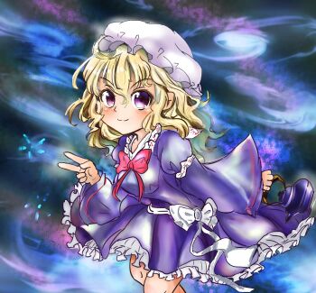 Rule 34 | 1girl, blonde hair, blush, bow, bowtie, closed mouth, commentary, contrast collar, deformed, dress, frilled dress, frilled shirt collar, frills, hat, highres, holding, holding teapot, long sleeves, maribel hearn, medium hair, mob cap, night, purple dress, purple eyes, red bow, red bowtie, smile, solo, teapot, touhou, uwazumi, v, waist bow, white bow, white hat, wide sleeves