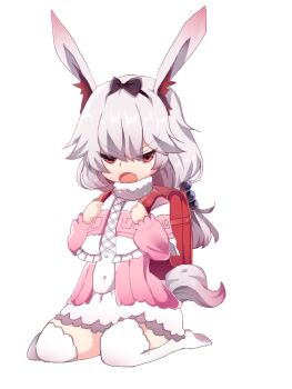 >_< 1girl :d animal_ears backpack bag blush cosplay crossover fang fox_ears highres honkai_(series) honkai_impact_3rd kanna_kamui kanna_kamui_(cosplay) kobayashi-san_chi_no_maidragon long_hair long_sleeves momoko_nico open_mouth pillow pink_eyes pink_hair simple_background skin_fang smile solo theresa_apocalypse theresa_apocalypse_(sakuno_rondo) thighhighs v-shaped_eyebrows white_background white_thighhighs