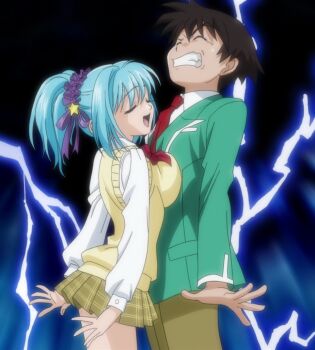 1boy 1girl anime_screenshot aono_tsukune blue_hair breast_on_chest breast_press breasts closed_eyes highres kurono_kurumu large_breasts ponytail ribbon rosario+vampire school_uniform short_hair skirt stitched third-party_edit