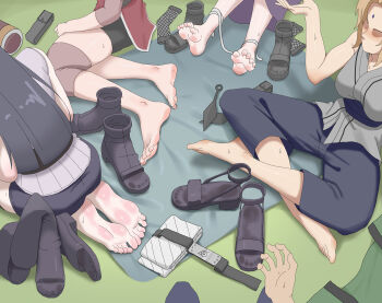 4girls absurdres barefoot black_hair blonde_hair feet haruno_sakura highres hyuuga_hinata light_blush long_hair mature_female multiple_girls naruto_(series) paxa349 sandals shoes soles sweat toes tsunade_(naruto) unworn_shoes yamanaka_ino