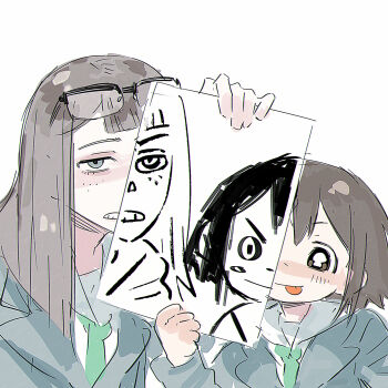 Rule 34 | 2girls, asakusa midori, asymmetrical bangs, black hair, blue jacket, brown hair, commentary, drawing (object), eizouken ni wa te wo dasu na!, freckles, glasses, goblet 42, highres, holding, holding drawing, jacket, kanamori sayaka, long hair, multiple girls, school uniform, shibahama high school uniform, short hair, sketch, tongue, tongue out, white background