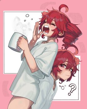 1girl ? ahoge artist_name closed_eyes closed_mouth commentary cowboy_shot cup drill_hair dutch_angle english_commentary from_side hair_between_eyes hand_up highres holding holding_cup kasane_teto light_blush linnees_waos looking_at_viewer medium_hair mug multiple_views naked_shirt open_mouth pink_background raised_inner_eyebrows red_eyes red_hair shirt short_sleeves sidelocks tearing_up twin_drills upper_body utau white_shirt yawning