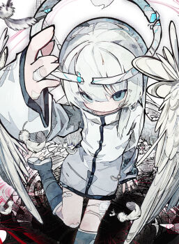 1girl absurdres angel angel_wings bandaged_fingers bandages bandaid bandaid_on_leg black_boots blue_eyes boots closed_mouth coat commentary expressionless feathered_wings feathers foot_out_of_frame hair_between_eyes halo high_collar highres holding_halo knee_boots leg_up long_hair long_sleeves original solo soresaki tsurime white_coat white_feathers white_hair white_wings wings