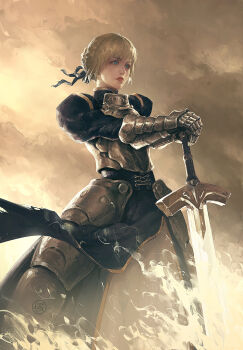 1girl aqua_eyes armor artoria_pendragon_(fate) blonde_hair blue_ribbon braid braided_base breastplate bun_with_braided_base chinese_commentary closed_mouth commentary_request excalibur_(fate/stay_night) fate/stay_night fate_(series) faulds gauntlets hair_bun hair_ribbon hands_on_hilt highres juliet_sleeves long_sleeves muted_colors planted planted_sword puffy_sleeves ribbon saber_(fate) solo sword weapon yeya_ming