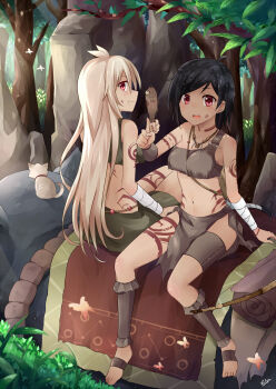 2girls ankle_wrap barefoot black_hair blonde_hair bodypaint cat crop_top crop_top_overhang eating elephant falsha fish food food_on_face forest highres jewelry jungle kailani loincloth long_hair long_legs midriff miniskirt mmrailgun multiple_girls nature navel necklace open_mouth original short_hair siblings sisters sitting skirt tan tank_top tattoo torn_clothes tribal wrist_wrap