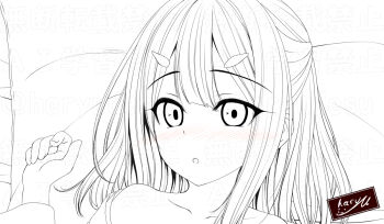 Rule 34 | 1girl, :o, bed sheet, blush, collarbone, commentary request, fate/kaleid liner prisma illya, fate (series), hair ornament, hairclip, hand up, haryuu (poetto), japanese clothes, kimono, long hair, long sleeves, looking at viewer, miyu edelfelt, nose blush, off shoulder, out-of-frame censoring, parted lips, pillow, portrait, signature, solo, watermark, wide sleeves