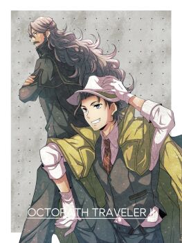 2boys beard border coat coat_on_shoulders collared_shirt crossed_arms facial_hair fedora gloves grey_background grey_hair grey_jacket grey_pants grey_vest grin hand_on_headwear hat highres jacket long_hair male_focus multiple_boys mustache necktie octopath_traveler octopath_traveler_ii osvald_v._vanstein pants parted_lips partitio_yellowil satsuki_(chaosmode) shirt short_hair sitting smile striped_necktie suspenders teeth vest waistcoat wavy_hair white_border white_gloves white_hat white_shirt yellow_coat