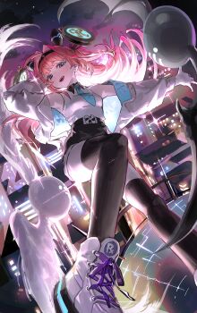 1girl absurdres belt black_hairband black_shorts black_thighhighs blue_eyes blue_necktie blunt_bangs city_lights collared_shirt commentary_request floating_hair ghost gloves hairband high-waist_shorts highres jacket lishenna_(shadowverse) long_hair long_sleeves looking_at_viewer necktie night okoge_(koge_chan) open_clothes open_jacket open_mouth pink_hair shadowverse shadowverse:_worlds_beyond shirt shorts sleeveless sleeveless_shirt smile solo thighhighs white_gloves white_jacket white_shirt