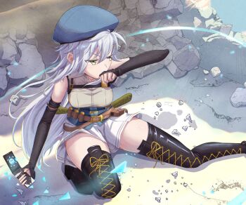 1girl absurdres bare_shoulders belt_pouch beret blue_hat boots breasts detached_sleeves double-parted_bangs eiyuu_densetsu fie_claussell floating_hair green_eyes hair_between_eyes hat highres kuro_no_kiseki_(series) kuro_no_kiseki_i long_hair medium_breasts mixed-language_commentary pouch skirt solo thigh_boots white_hair witch_f