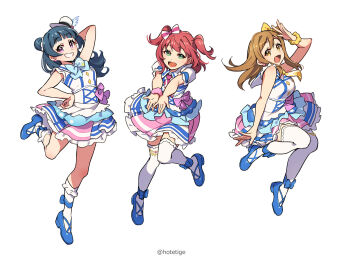 Rule 34 | 3girls, arms up, blue hair, blush, bow, bowtie, brown eyes, brown hair, commentary request, dress, feathers, frills, green eyes, hair bun, hair ornament, hat, head tilt, high heels, highres, hotechige, jumping, kimi no kokoro wa kagayaiteru kai?, kunikida hanamaru, kurosawa ruby, leg up, long hair, love live!, love live! sunshine!!, multiple girls, open mouth, purple eyes, red hair, scrunchie, short hair, short twintails, simple background, thighhighs, tsushima yoshiko, twintails, white background