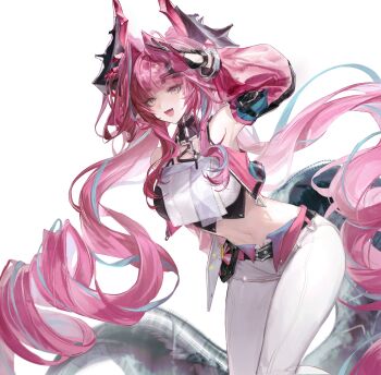 1girl amane_luna_(vtuber) arknights arknights:_endfield arm_up bare_shoulders black_gloves black_horns blue_eyes breasts commentary cowboy_shot cropped_jacket detached_sleeves english_commentary fang gloves hair_intakes highres horns jacket large_breasts leaning_forward long_hair looking_at_viewer multicolored_gloves navel open_mouth pants pink_gloves pink_hair pink_jacket rente_gu skin_fang smile solo stomach thick_eyebrows twintails two-tone_gloves very_long_hair white_pants yvonne_(arknights)