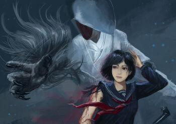 1girl 1other amibazh black_claws black_hair blood bob_cut holding holding_lead_pipe lead_pipe motion_lines shimizu_hinako shiromuku_(silent_hill) silent_hill_(series) silent_hill_f torn_clothes