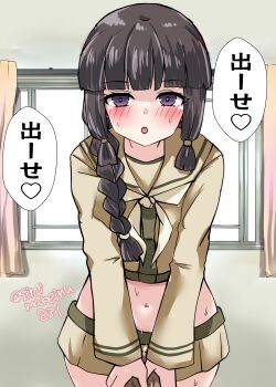 1girl absurdres black_hair blunt_bangs braid commentary_request hair_over_shoulder highres kantai_collection kitahama_(siroimakeinu831) kitakami_(kancolle) kitakami_kai_ni_(kancolle) leaning_forward long_hair long_sleeves midriff neckerchief one-hour_drawing_challenge pleated_skirt sailor_collar school_uniform serafuku shirt sidelocks single_braid skirt solo tally translation_request twitter_username white_neckerchief yellow_sailor_collar yellow_serafuku yellow_shirt yellow_skirt