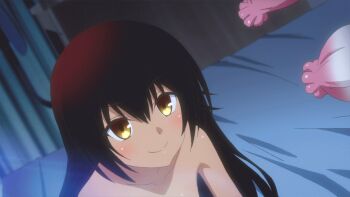 10s 1girl animated animated_gif bed bed_sheet black_hair blush collarbone cum cum_on_body dark_skin facial flower happy long_hair master_nemesis phallic_symbol pink_flower plant screencap sexually_suggestive suggestive_fluid to_love-ru to_love-ru_darkness_2nd yellow_eyes