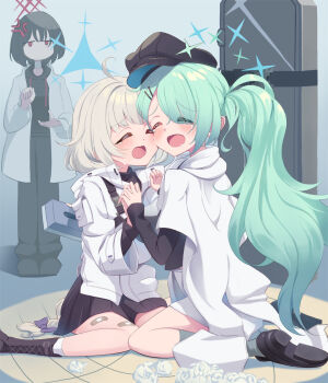 3girls ahoge anger_vein aqua_hair bandaged_neck bandages bandaid bandaid_on_leg black_hoodie blue_archive blue_halo coat crying empty_eyes green_halo hair_over_one_eye halo hat highres hiyori_(blue_archive) holding_hands hood hoodie interlocked_fingers jacket long_hair maia_(blue_archive) misaki_(blue_archive) multiple_girls newsboy_cap no_mouth open_clothes open_coat red_halo side_ponytail sitting star_halo tears wariza white_coat white_jacket yamada_denki